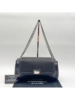 Chanel Shoulder Bag 2.55 Leather Black Chain with Turnlock Shield Card